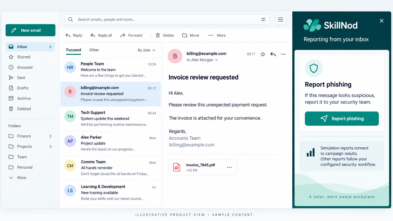 Concept illustration of reporting a fictional suspicious email through the SkillNod add-in