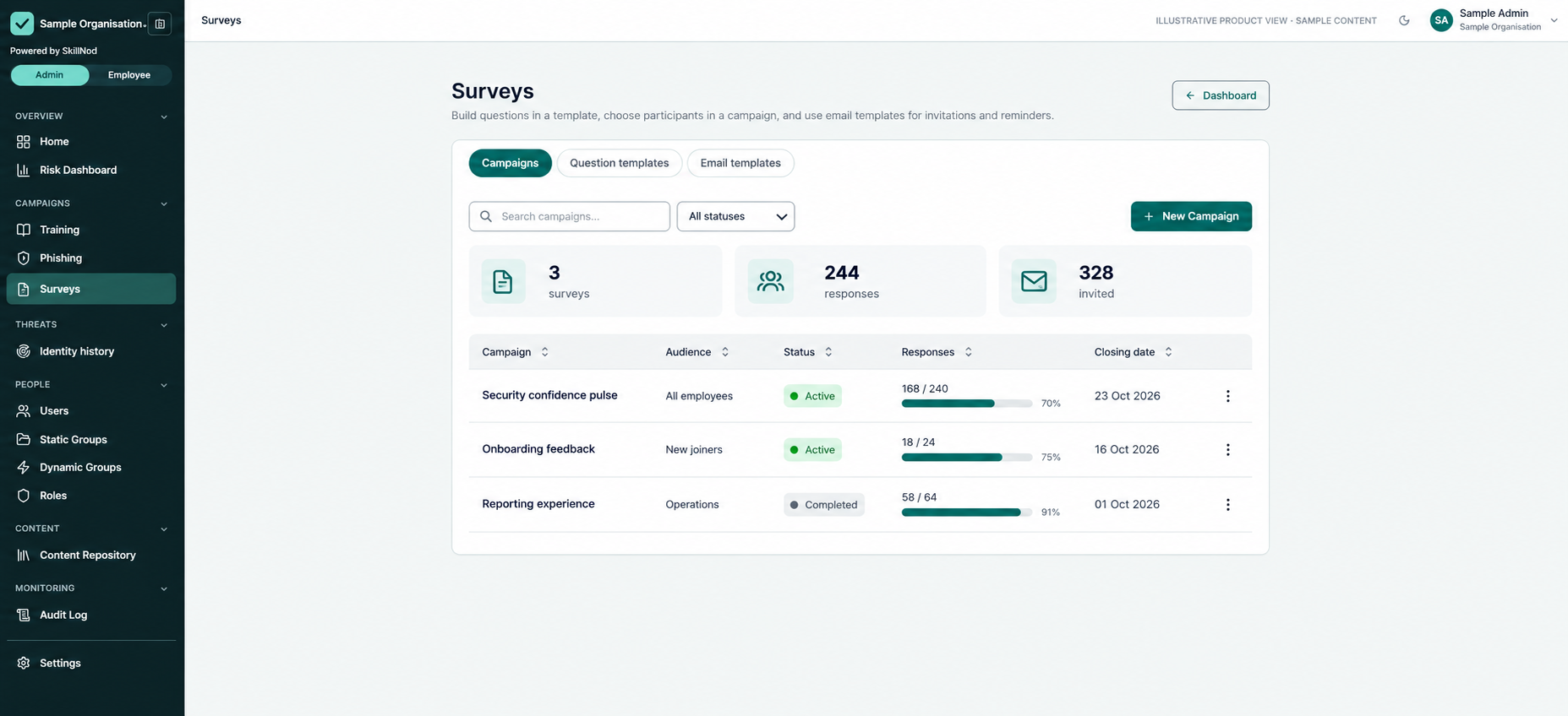 Edited survey campaign workspace showing fictional audiences and response counts